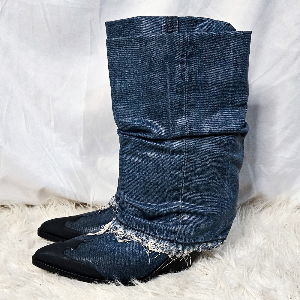 Diesel Denim Foldover Cowboy Boots Y2K 90s Grunge Pointed Toe - Picture 2 of 9